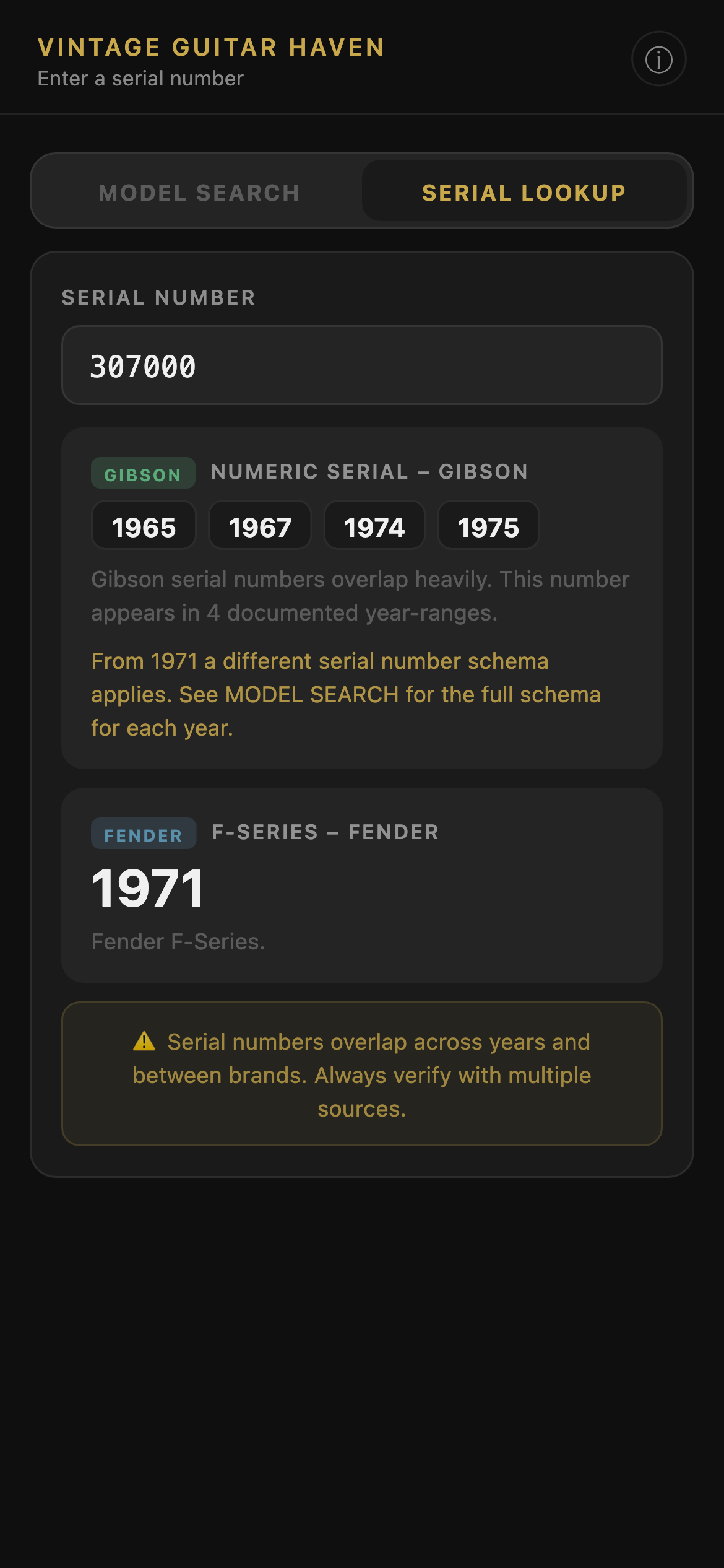 Serial number lookup — 307000 matched to Gibson 1965